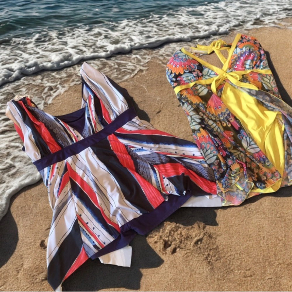 2- 2xl- One-Piece Swimsuits in Yellow Multicolor and Blue Red strips w overlays